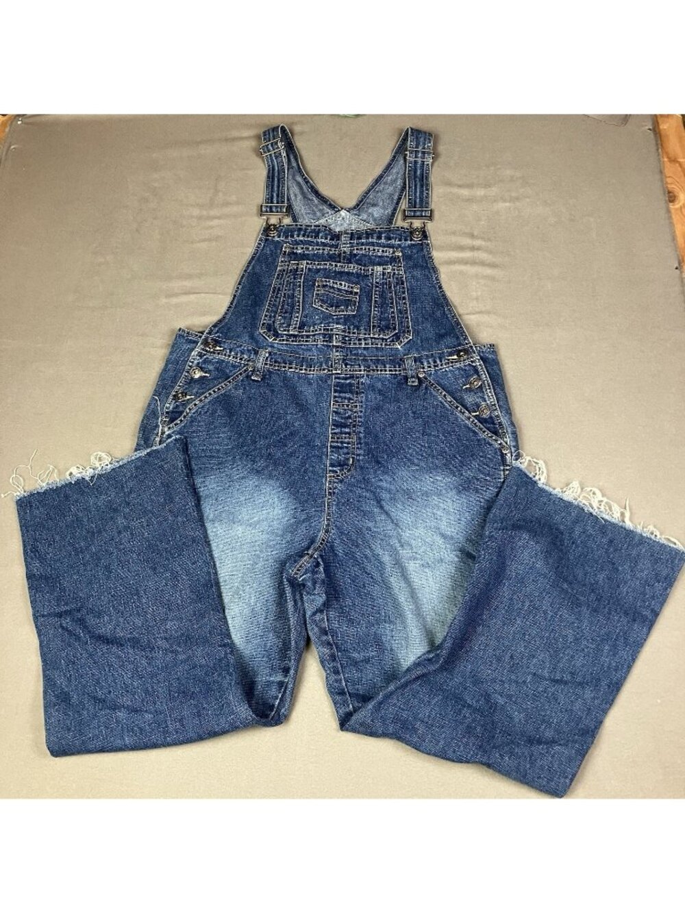 L.A. Blues Denim Carpenter Overalls Women's Size Large Dark Blue Raw Hem